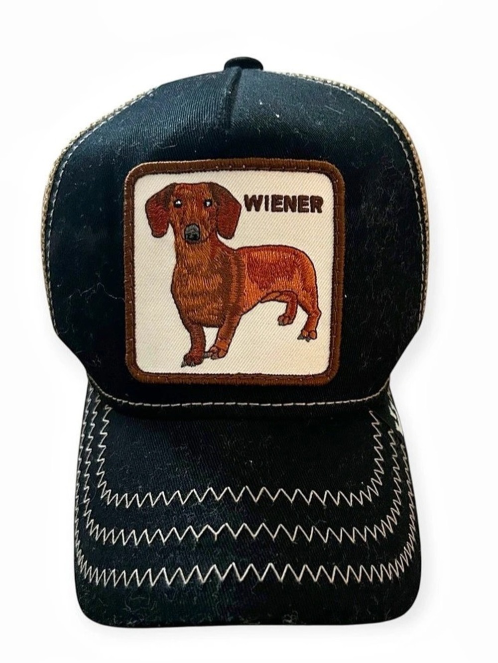 Goorin Bros The Farm Wiener Dachshund Dog Patch Black Mesh Trucker Hat